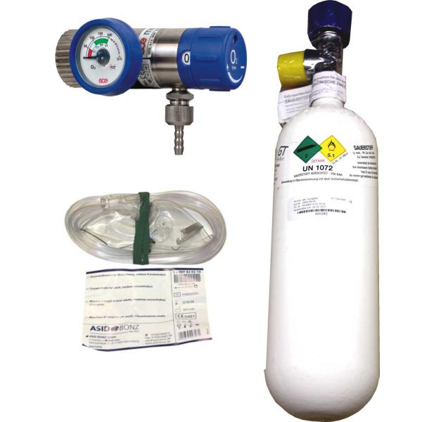 1 Liter Sauerstoffflasche gefüllt, mit Druckminderer Mediselect 25, regelbar