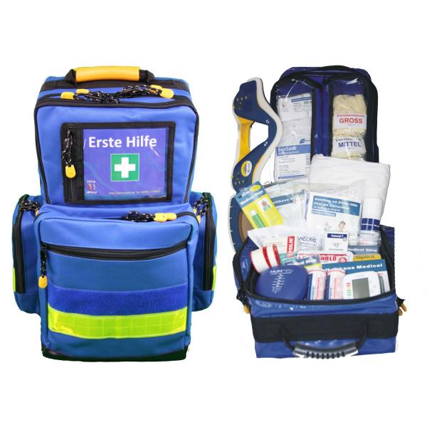 Erste Hilfe Notfallrucksack für Jugendgruppen u. Zeltlager - Nylon blau mit gelben Reflexstreifen von Team Impuls