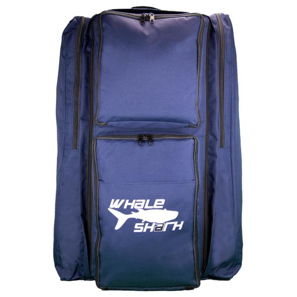 Tauchertasche 67 Liter mit Rucksackfunktion und seitlichen Taschen für Flossen, blau, aus Nylon