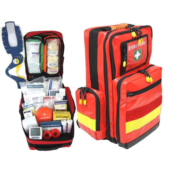 Erste Hilfe Notfallrucksack Sport  Freizeit & Event - Planenmaterial Rot - Gelbe Reflexstreifen