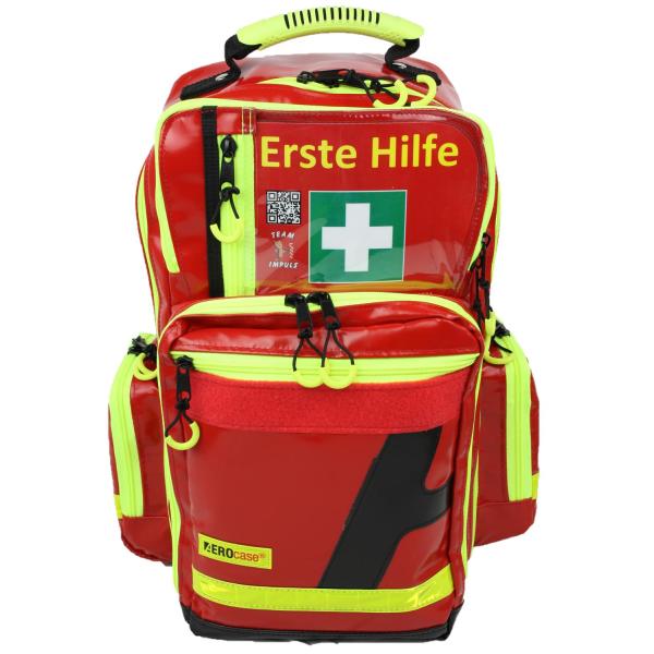 Erste Hilfe Notfallrucksack Sport Freizeit & Event - AEROtex® Plane Rot - Gelbe Reflexstreifen