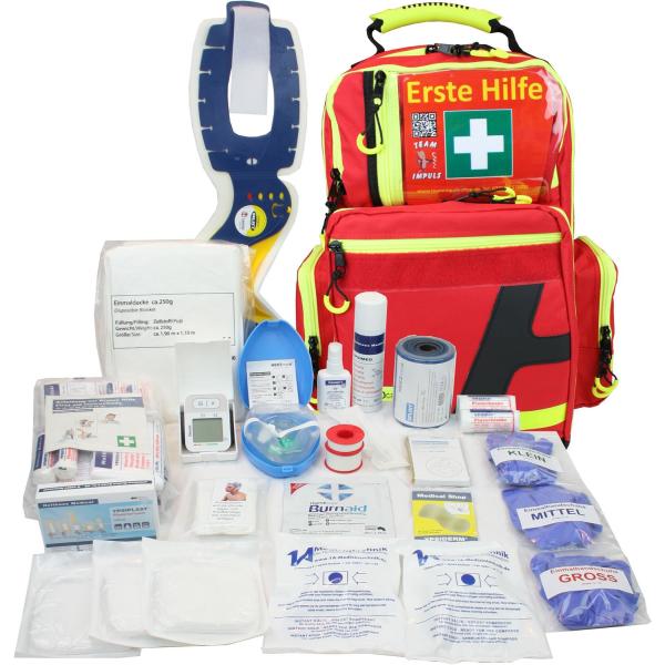 Erste Hilfe Notfallrucksack Sport, Sportvereine, Freizeit, Event & Freizeit - Nylonmaterial Rot mit gelben Reflexstreifen