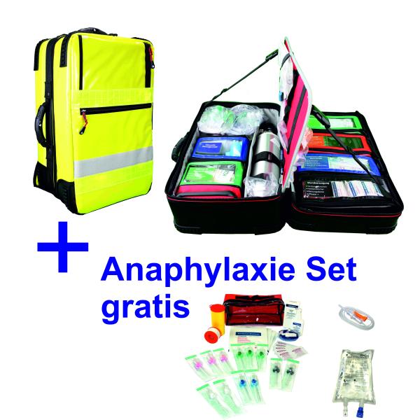 Notfallrucksack "Premium-X1" gelb Arztpraxis mit 1,8 Liter O2, regelbarem Druckminderer & Pulsoximeter
