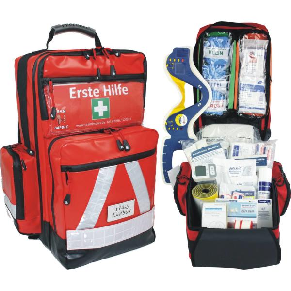Erste Hilfe Notfallrucksack FEUERWEHR mit DIN 14142 Planenmaterial Rot Weiße Reflexstreifen