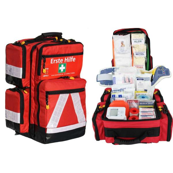 Erste Hilfe Notfallrucksack Sport Freizeit & Event mit 4 Außentaschen inkl. Verbandbuch & Frakturschienen-Set