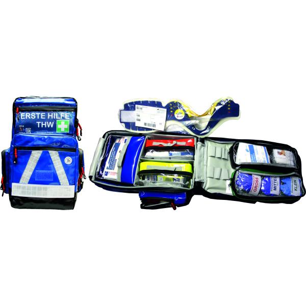 Erste Hilfe Notfallrucksack THW Planenmaterial Blau -  Weiße Reflexstreifen - Waterstop Reißverschlüsse