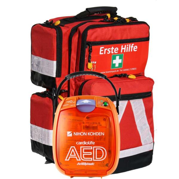 Notfallrucksack EASY mit AED Nihon Kohden 3100 & Wandhalterung